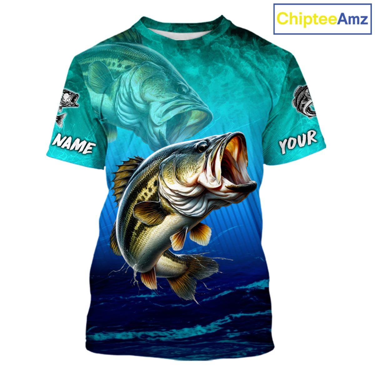 Custom Name Teal Blue Bass Fishing Jersey - Personalized 3D Fishing T - Shirt 