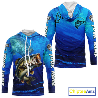 Custom Name Royal Blue Bass Fishing Jersey - Personalized 3D Long Sleeve Hooded Fishing Shirt For Men