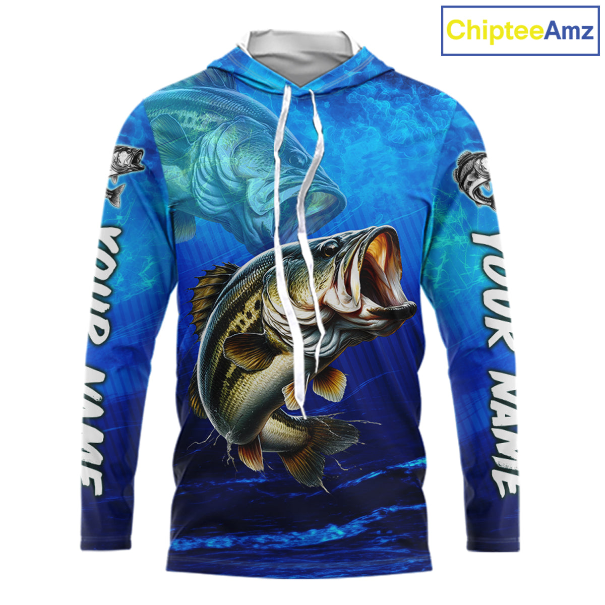 Custom Name Royal Blue Bass Fishing Jersey - Personalized 3D Long Sleeve Hooded Fishing Shirt For Men
