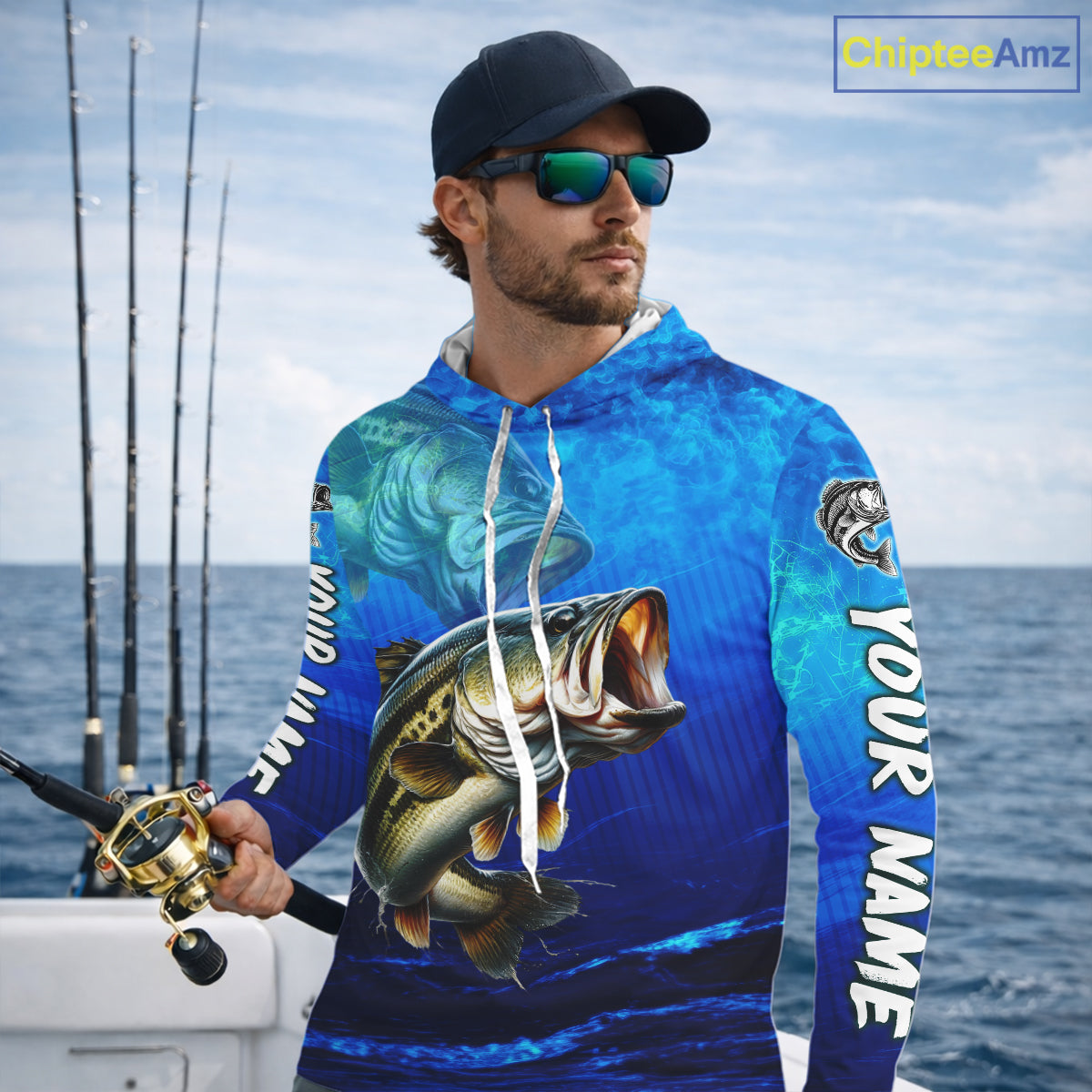 Custom Name Royal Blue Bass Fishing Jersey - Personalized 3D Long Sleeve Hooded Fishing Shirt For Men
