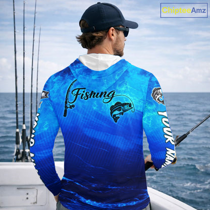 Custom Name Royal Blue Bass Fishing Jersey - Personalized 3D Long Sleeve Hooded Fishing Shirt For Men