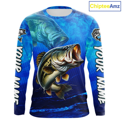 Custom Name Royal Blue Bass Fishing Jersey - Personalized 3D Long Sleeve Fishing Shirt For Men