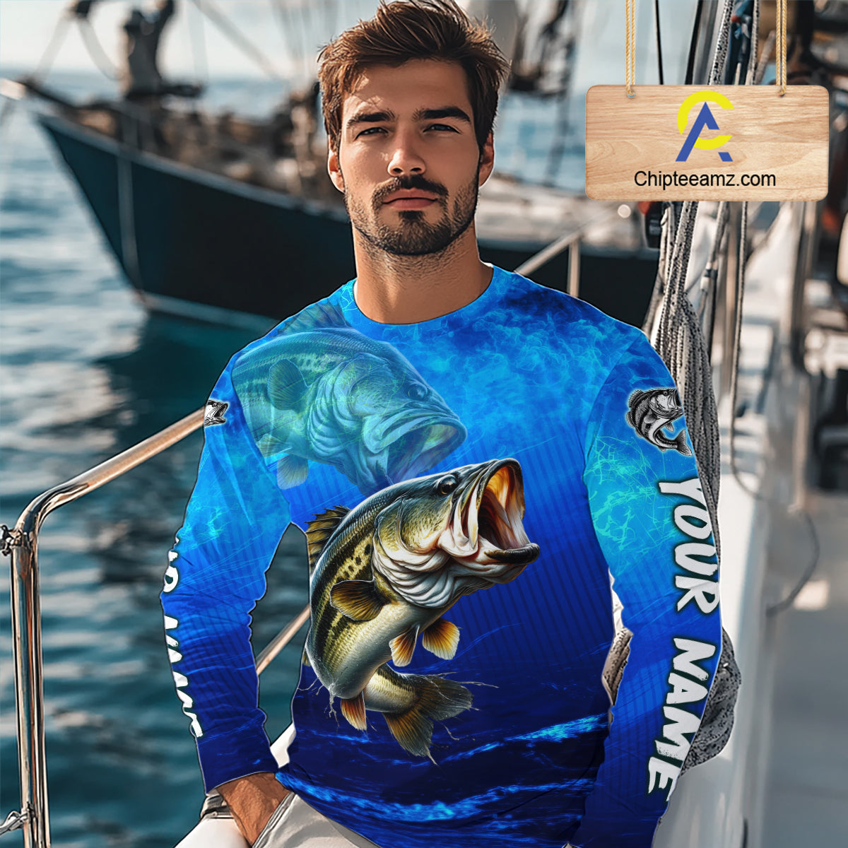 Custom Name Royal Blue Bass Fishing Jersey - Personalized 3D Long Sleeve Fishing Shirt For Men