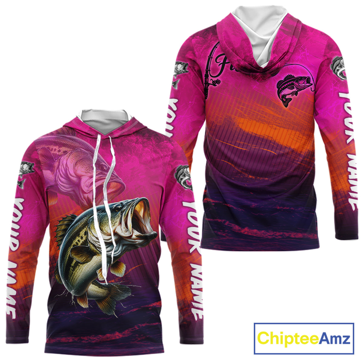 Custom Name Hot Pink Bass Fishing Jersey - Personalized 3D Long Sleeve Hooded Fishing Shirt For Men