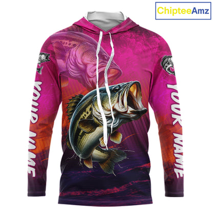 Custom Name Hot Pink Bass Fishing Jersey - Personalized 3D Long Sleeve Hooded Fishing Shirt For Men