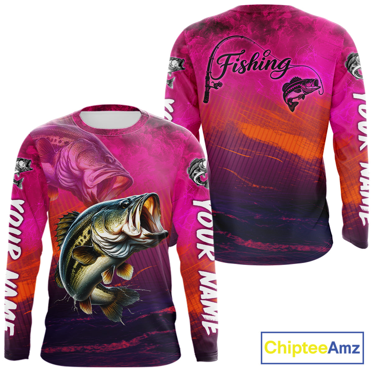 Custom Name Hot Pink Bass Fishing Jersey - Personalized 3D Long Sleeve Fishing Shirt For Men