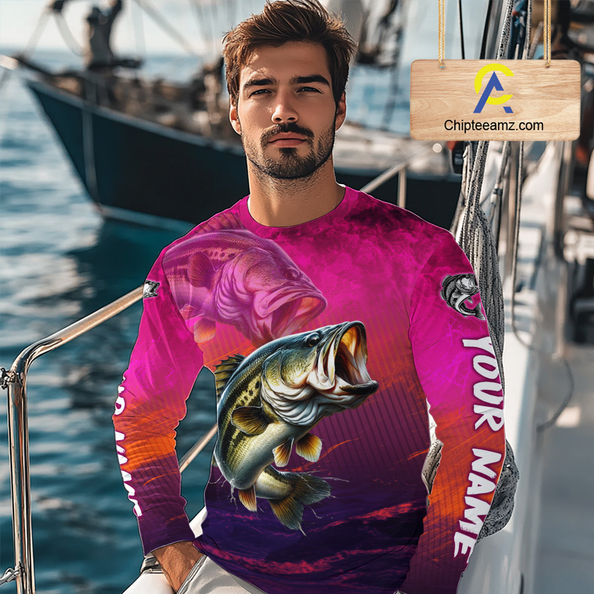 Custom Name Hot Pink Bass Fishing Jersey - Personalized 3D Long Sleeve Fishing Shirt For Men