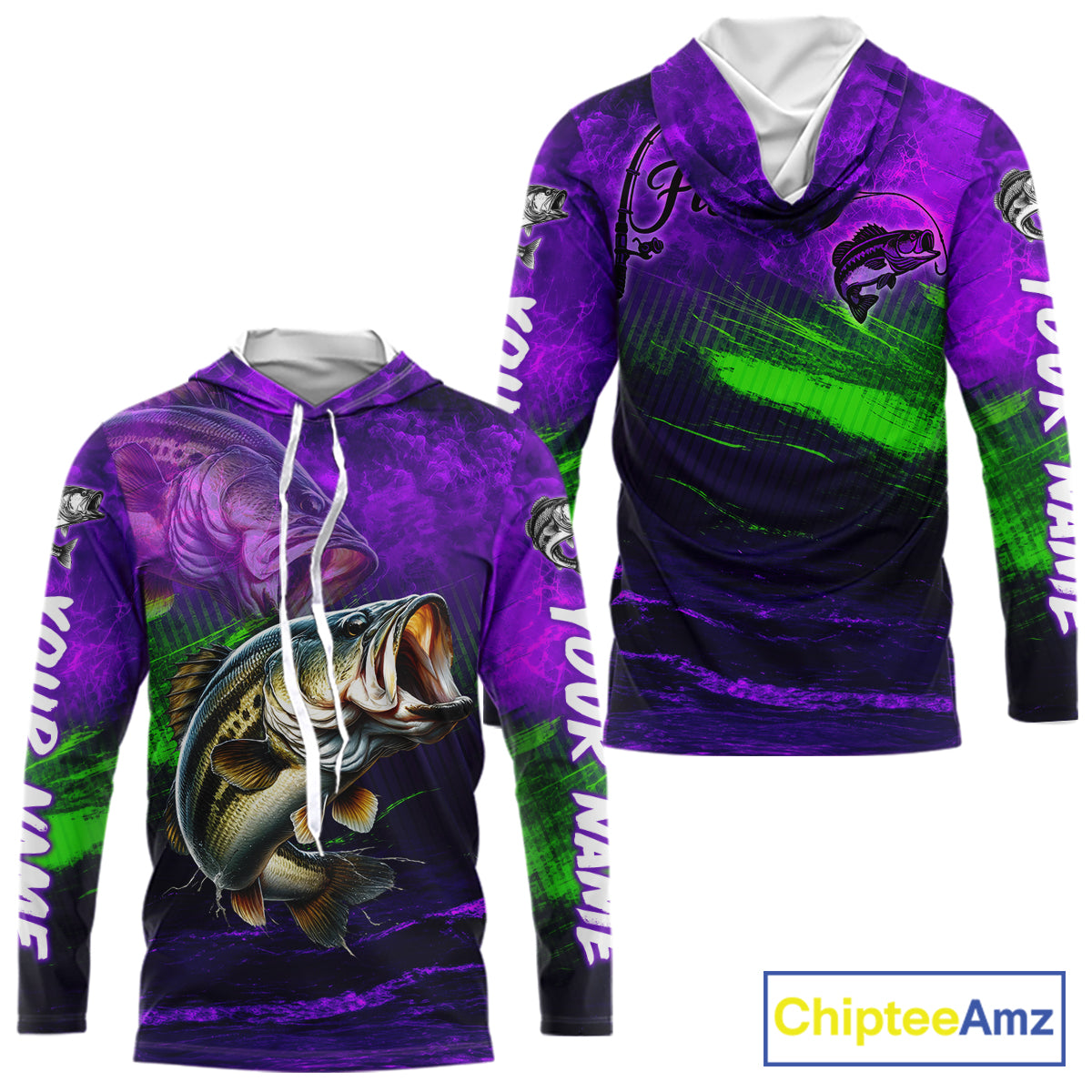 Custom Name Purple Lime Bass Fishing Jersey - Personalized 3D Long Sleeve Hooded Fishing Shirt For Men