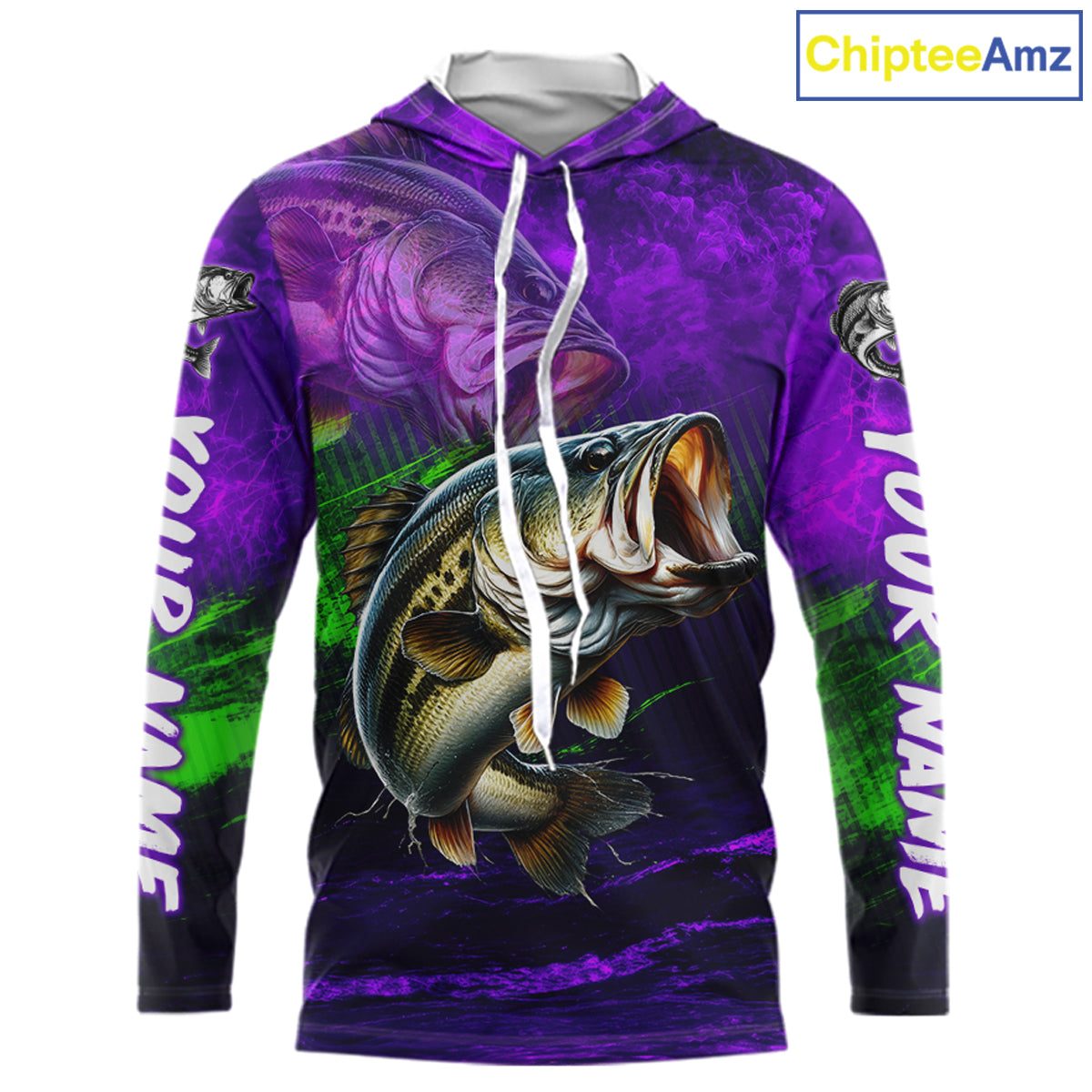 Custom Name Purple Lime Bass Fishing Jersey - Personalized 3D Long Sleeve Hooded Fishing Shirt For Men