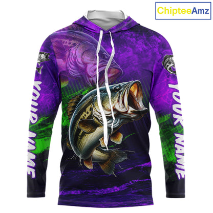 Custom Name Purple Lime Bass Fishing Jersey - Personalized 3D Long Sleeve Hooded Fishing Shirt For Men