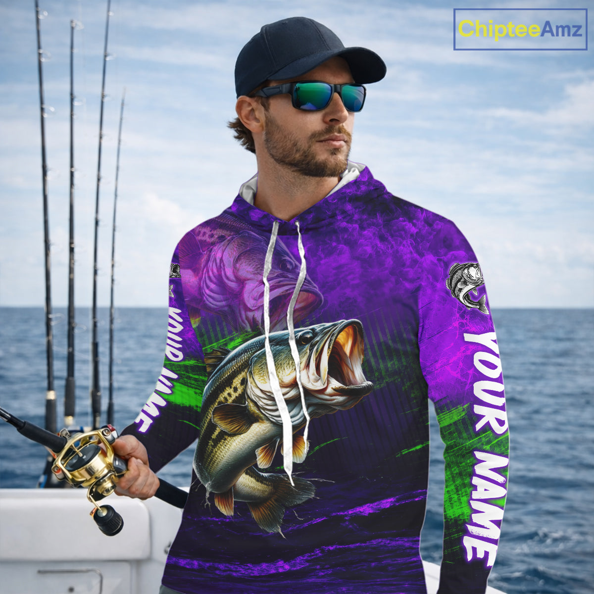 Custom Name Purple Lime Bass Fishing Jersey - Personalized 3D Long Sleeve Hooded Fishing Shirt For Men