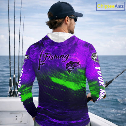 Custom Name Purple Lime Bass Fishing Jersey - Personalized 3D Long Sleeve Hooded Fishing Shirt For Men
