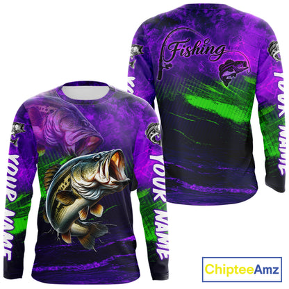 Custom Name Purple Lime Bass Fishing Jersey - Personalized 3D Long Sleeve Fishing Shirt For Men