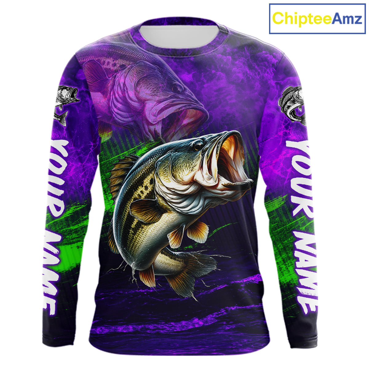 Custom Name Purple Lime Bass Fishing Jersey - Personalized 3D Long Sleeve Fishing Shirt For Men