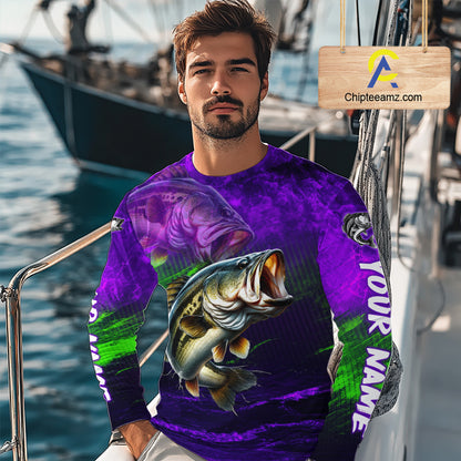 Custom Name Purple Lime Bass Fishing Jersey - Personalized 3D Long Sleeve Fishing Shirt For Men
