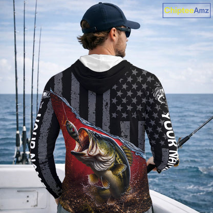 Gray Red Bass Custom Long Sleeve Hooded Fishing Shirts, American Flag Patriotic Bass Fishing Jerseys NHT972