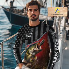 Load image into Gallery viewer, Gray Red Bass Custom Long Sleeve Fishing Shirts, American Flag Patriotic Bass Fishing Jerseys NHT972