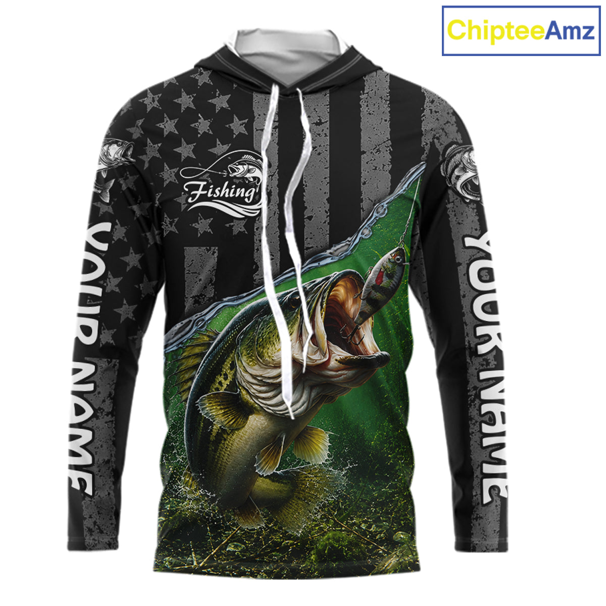 Gray Green Bass Custom Long Sleeve Hooded Fishing Shirts, Bass Fishing Jerseys