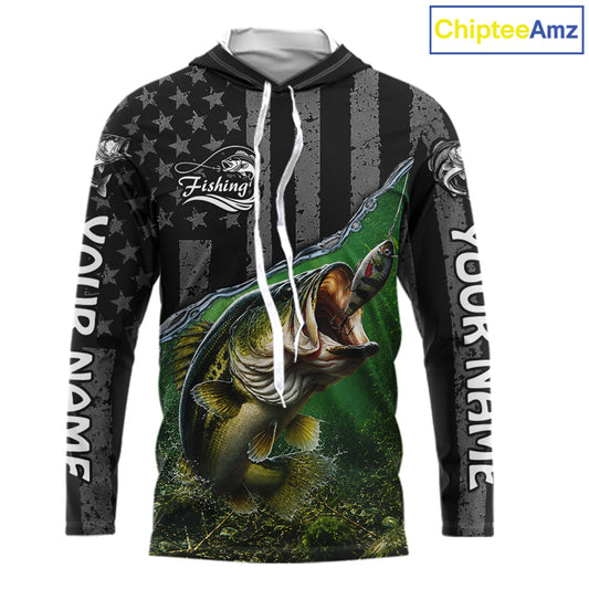 Gray Green Bass Custom Long Sleeve Hooded Fishing Shirts, Bass Fishing Jerseys