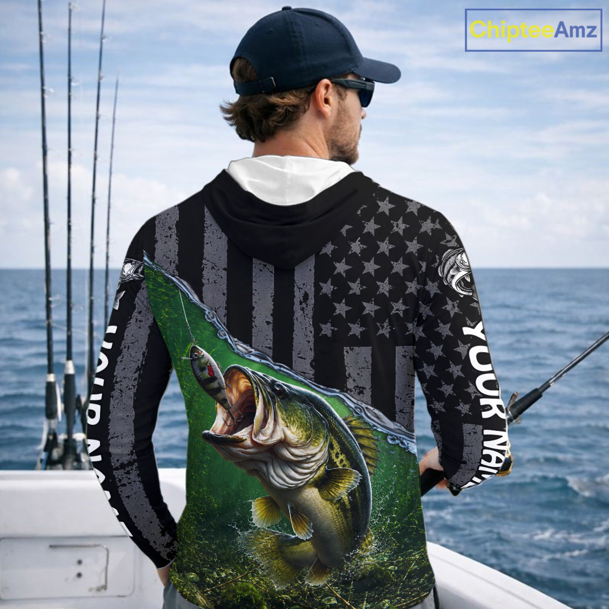 Gray Green Bass Custom Long Sleeve Hooded Fishing Shirt, American Flag Patriotic Bass Fishing Jersey NHT974