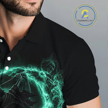 Load image into Gallery viewer, Black polo shirt with a green and black design on a gray background