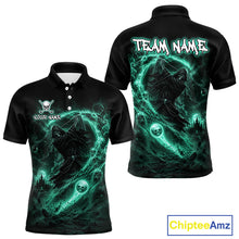 Load image into Gallery viewer, Black polo shirt with green and black design on front and back, featuring a ghost and moon, with 'Chiptee Amz' branding.
