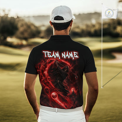 Man wearing a black polo shirt with red graphics and 'TEAM NAME' text on a golf course.