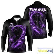 Load image into Gallery viewer, Black long-sleeve shirt with purple wolf design on front and back, featuring 'Team Name' and 'Chiptee Amz' branding.