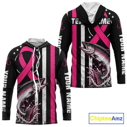 Front and back views of a black long-sleeve hoodie with a pink awareness ribbon, distressed vertical white stripes, a large fish graphic, and customizable white text placeholders on the sleeves and chest, shown on a white background with a ChipteeAmz logo.