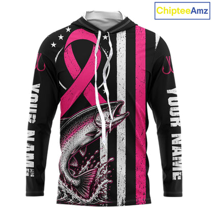 A black long-sleeve hoodie with a pink ribbon and fish graphic, featuring white text on the sleeves and a vertical black, white, and pink stripe design on the front. A 'ChipteeAmz' logo is visible in the top right corner.