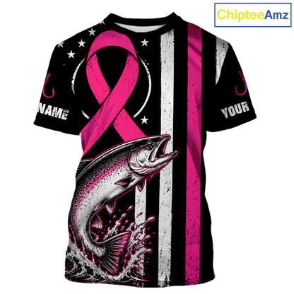 A customizable black short-sleeve t-shirt featuring a pink awareness ribbon, a leaping salmon graphic, and vertical distressed white and pink stripes. The shirt includes placeholder text 'NAME' and 'YOUR' on the sleeves, and a 'ChipteeAmz' logo is visible in the top right corner.