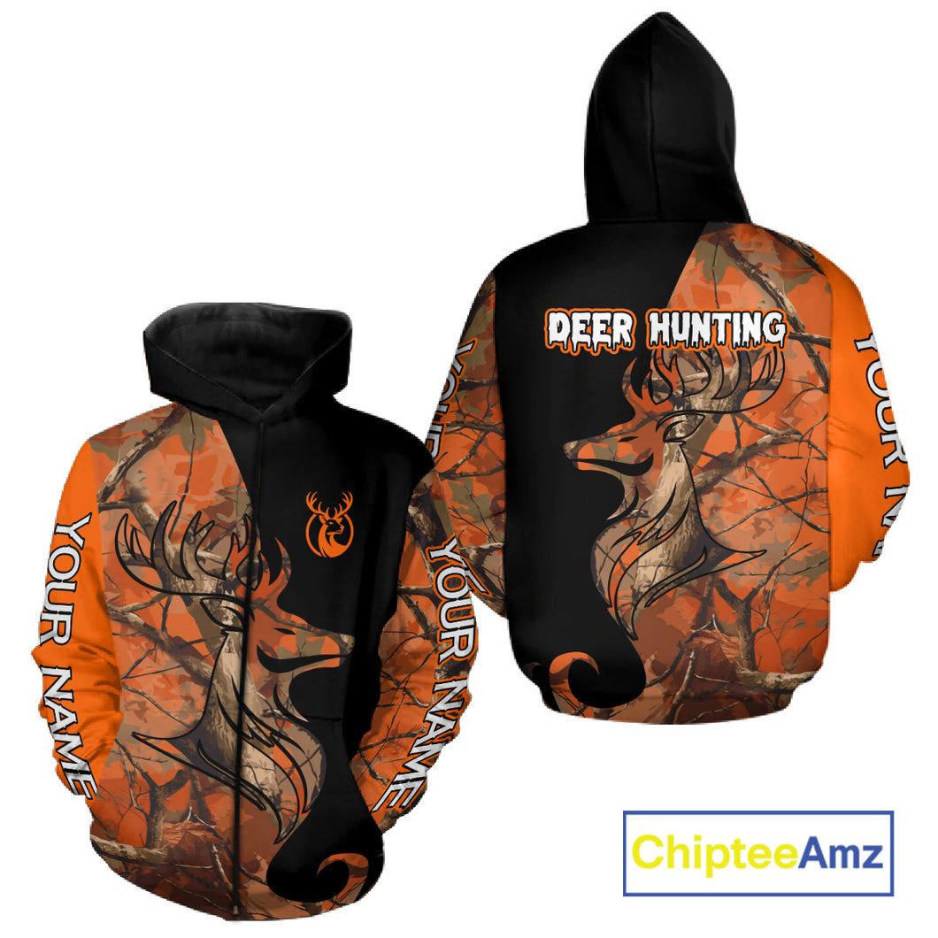 Deer Hunting Big Game Black Camo Orange Custom Name 3D All Over Print Shirts, Hunting Gift NHT267