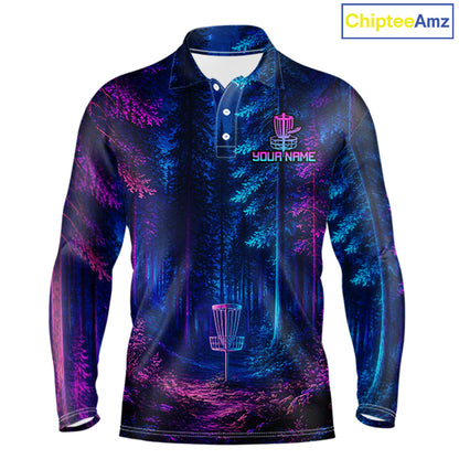 Mens Disc Golf Polo Shirt Custom Forest Neon Disc Golf Basket, Personalized Disc Golf Shirts NHT837