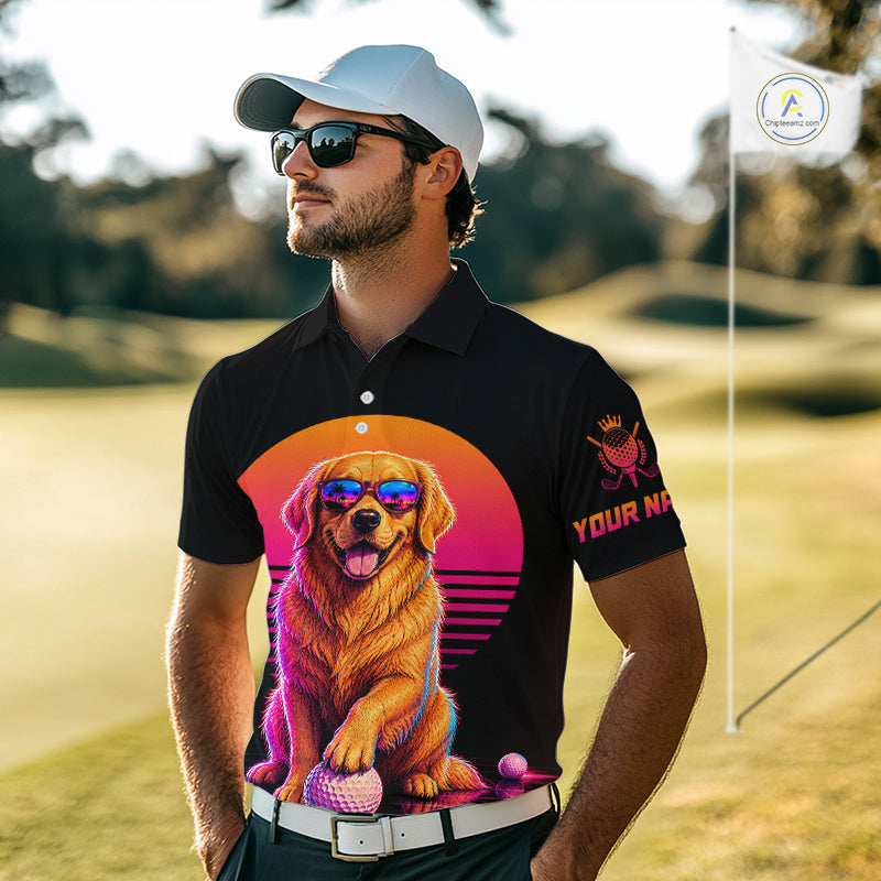 Personalized Golden Retriever Mens Golf Polo Shirt – Vintage Neon Golf Design