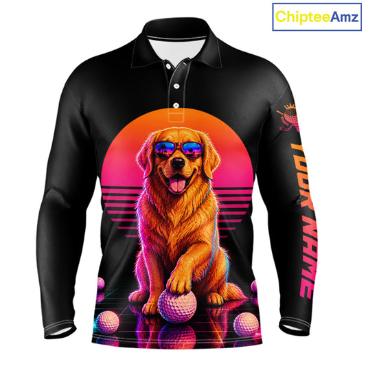 Personalized Golden Retriever Mens Golf Polo Shirt – Vintage Neon Golf Design