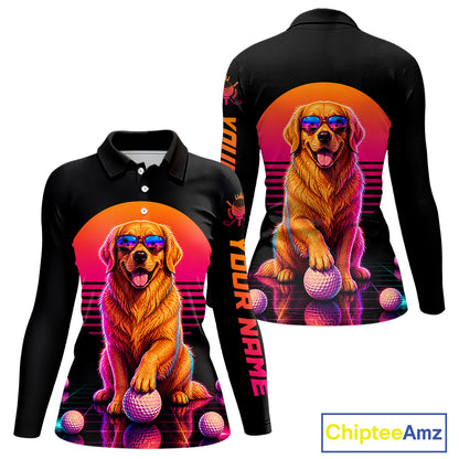 Personalized Golden Retriever Womens Golf Polo Shirt – Vintage Neon Golf Design
