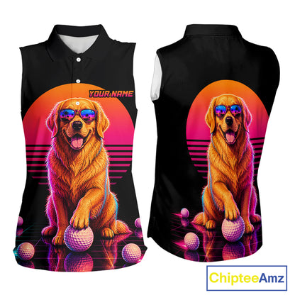 Personalized Golden Retriever Womens Sleeveless Golf Polo Shirt – Vintage Neon Golf Design NHT991
