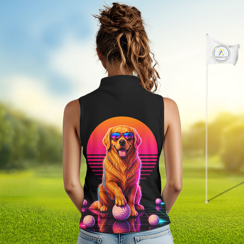 Personalized Golden Retriever Womens Sleeveless Golf Polo Shirt – Vintage Neon Golf Design NHT991