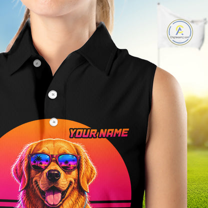 Personalized Golden Retriever Womens Sleeveless Golf Polo Shirt – Vintage Neon Golf Design NHT991