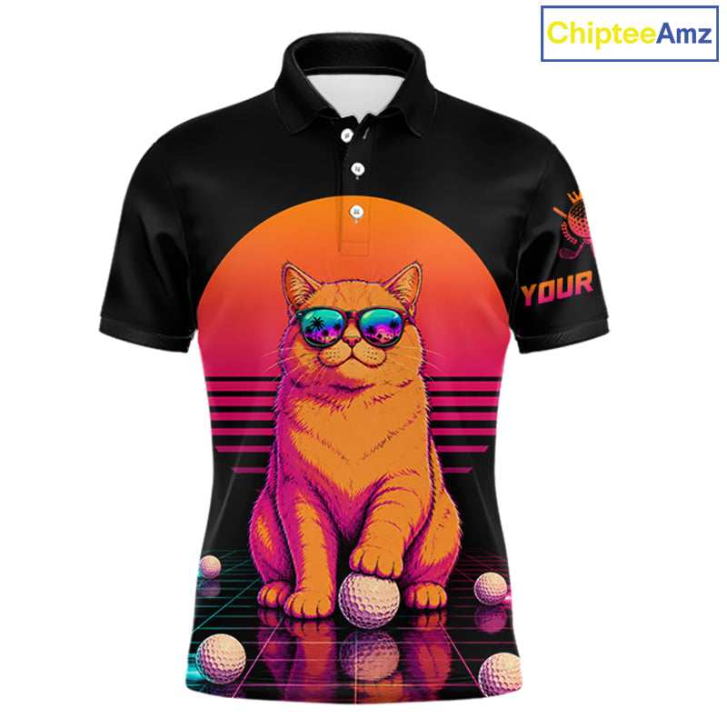 Personalized Funny Cat Mens Golf Polo Shirt – Vintage Neon Golf Design