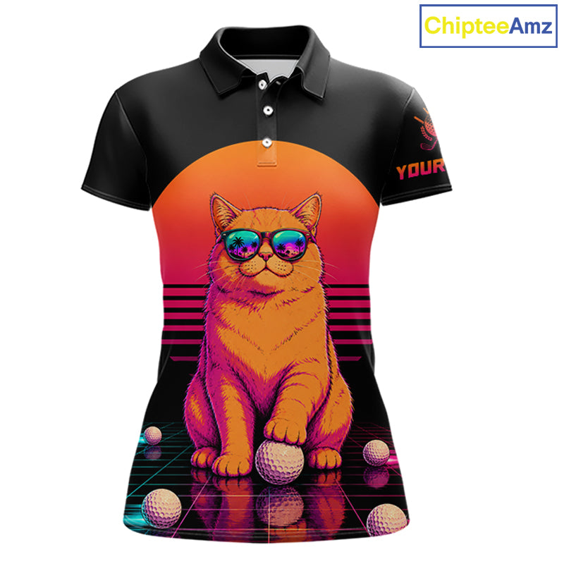 Personalized Funny Cat Womens Golf Polo Shirt – Vintage Neon Golf Design