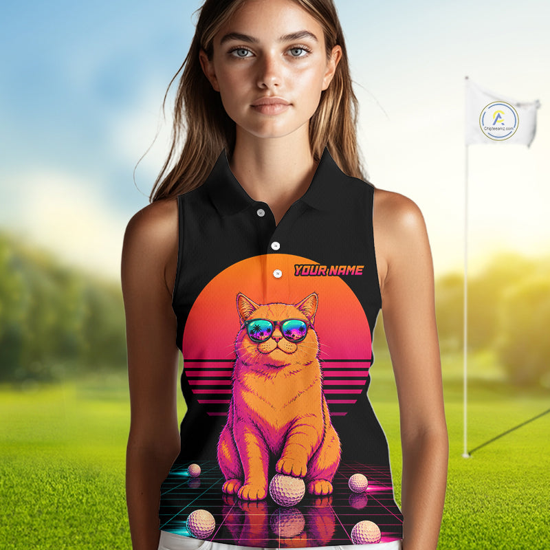Personalized Funny Cat Womens Sleeveless Golf Polo Shirt – Vintage Neon Golf Design NHT992
