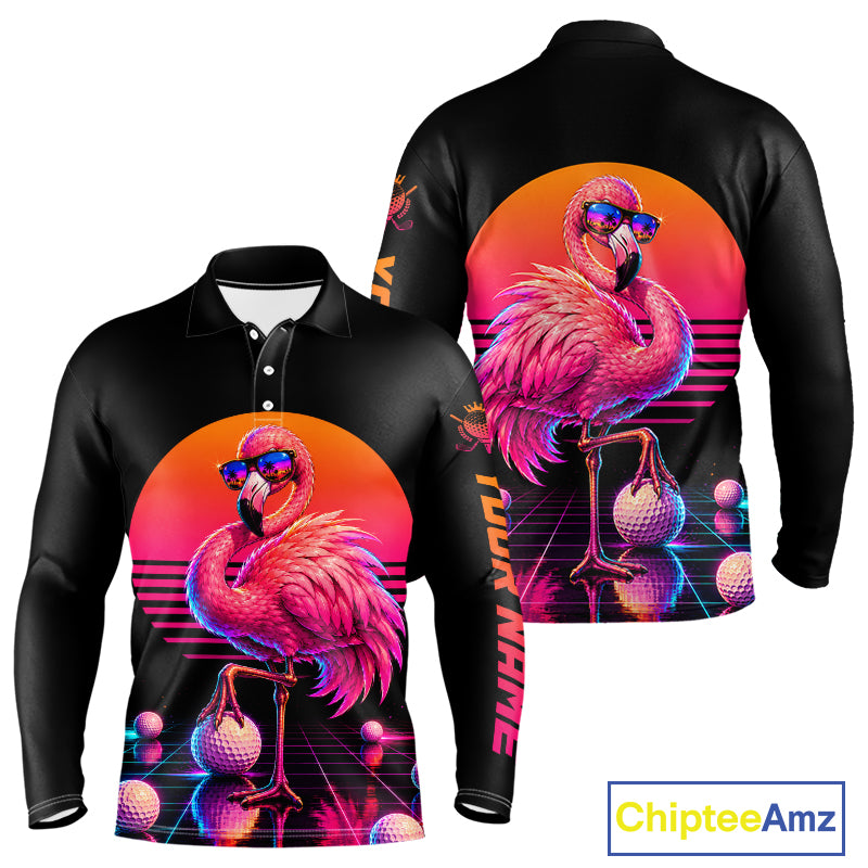 Personalized Funny Flamingo Mens Golf Polo Shirt – Vintage Neon Golf Design