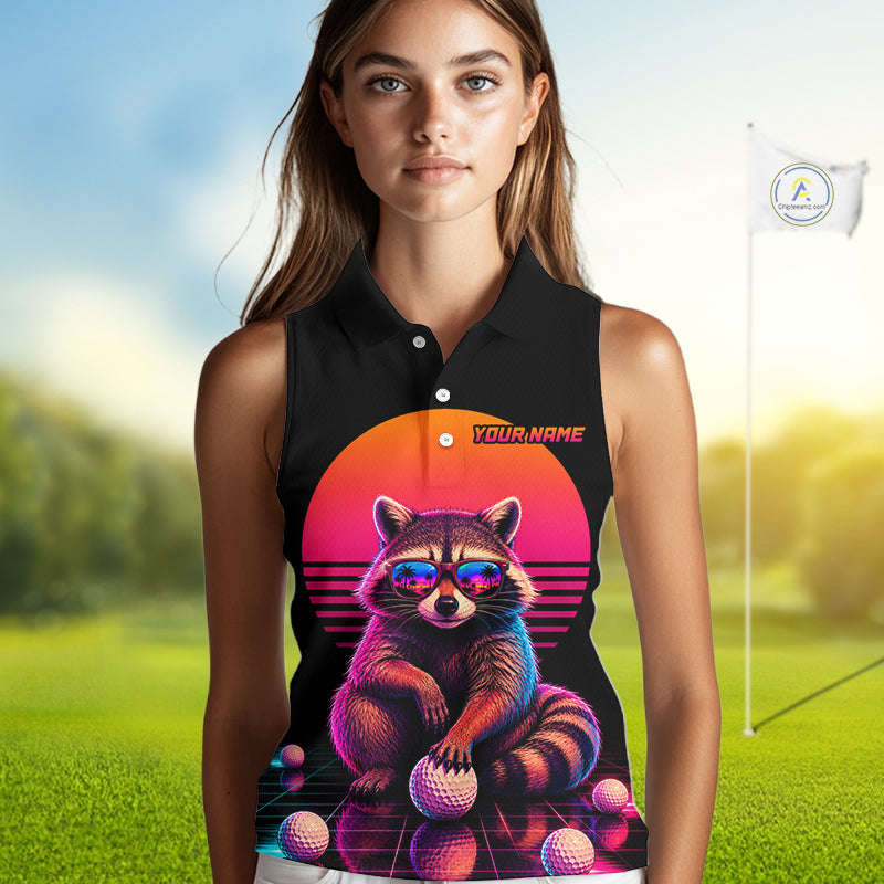 Personalized Funny Raccoon Womens Sleeveless Golf Polo Shirt – Vintage Neon Golf Design NHT995