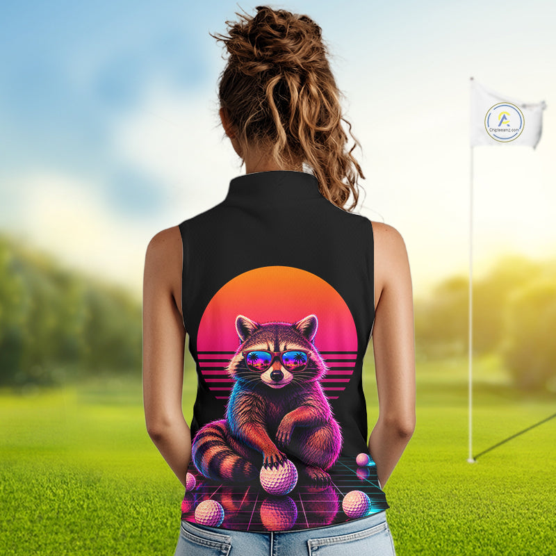 Personalized Funny Raccoon Womens Sleeveless Golf Polo Shirt – Vintage Neon Golf Design NHT995