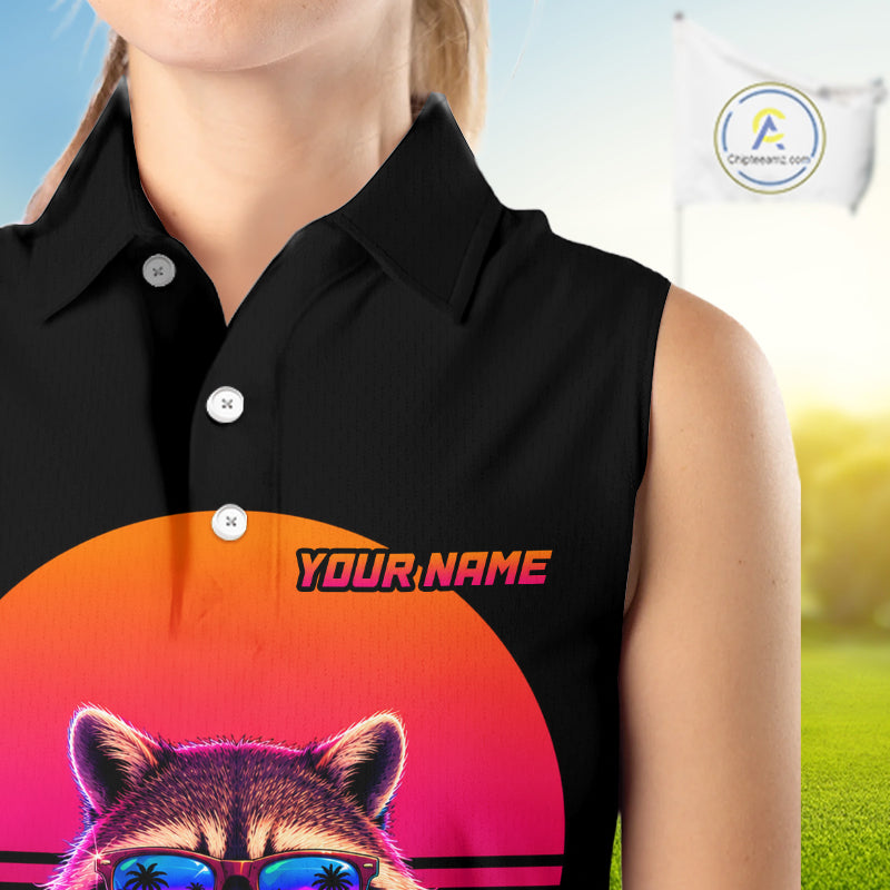 Personalized Funny Raccoon Womens Sleeveless Golf Polo Shirt – Vintage Neon Golf Design NHT995
