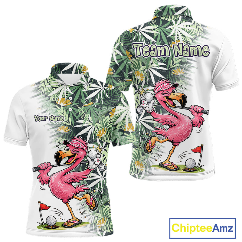 Funny Pink Flamingo Green Tropical Pattern Golf Polo Shirt Custom Golf Shirts For Men NHT648