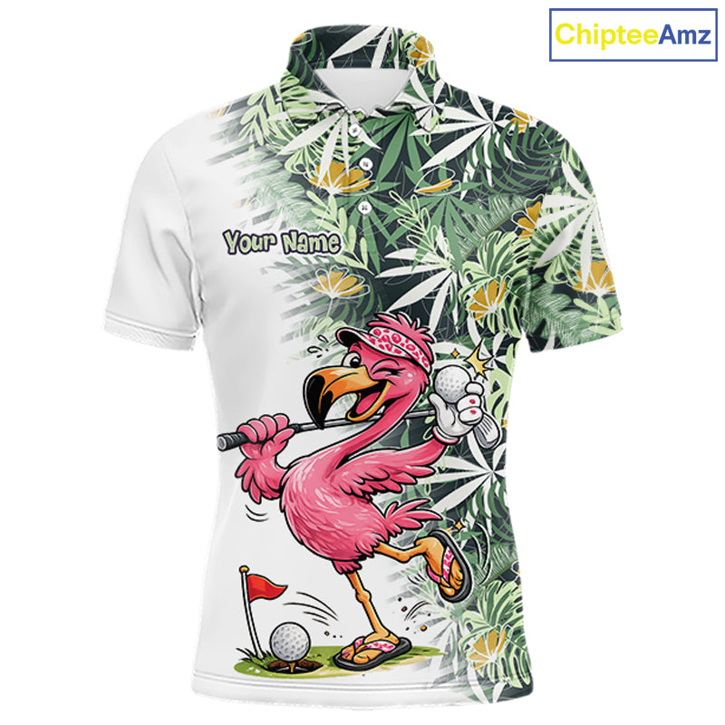 Funny Pink Flamingo Green Tropical Pattern Golf Polo Shirt Custom Golf Shirts For Men NHT648
