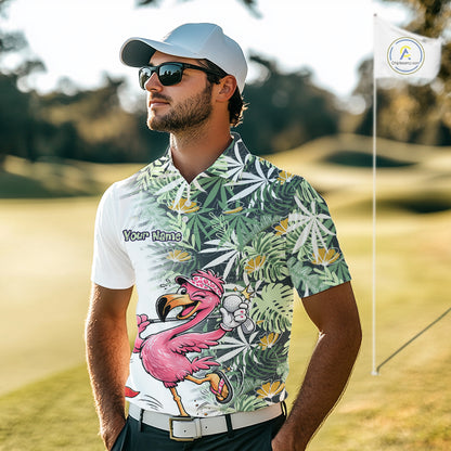 Funny Pink Flamingo Green Tropical Pattern Golf Polo Shirt Custom Golf Shirts For Men NHT648