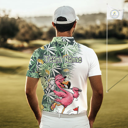 Funny Pink Flamingo Green Tropical Pattern Golf Polo Shirt Custom Golf Shirts For Men NHT648